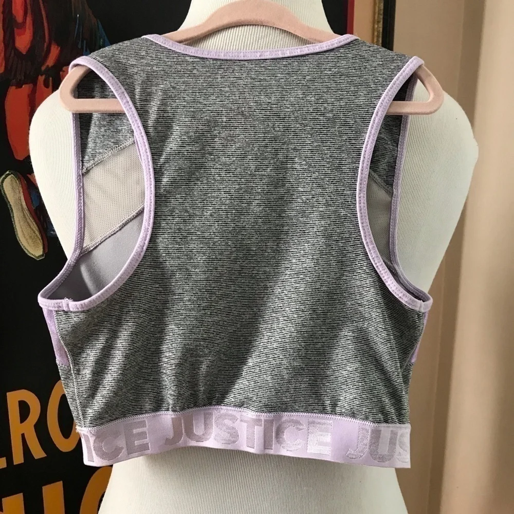 Justice: Heathered Gray Stripes Shiny Purple Bra